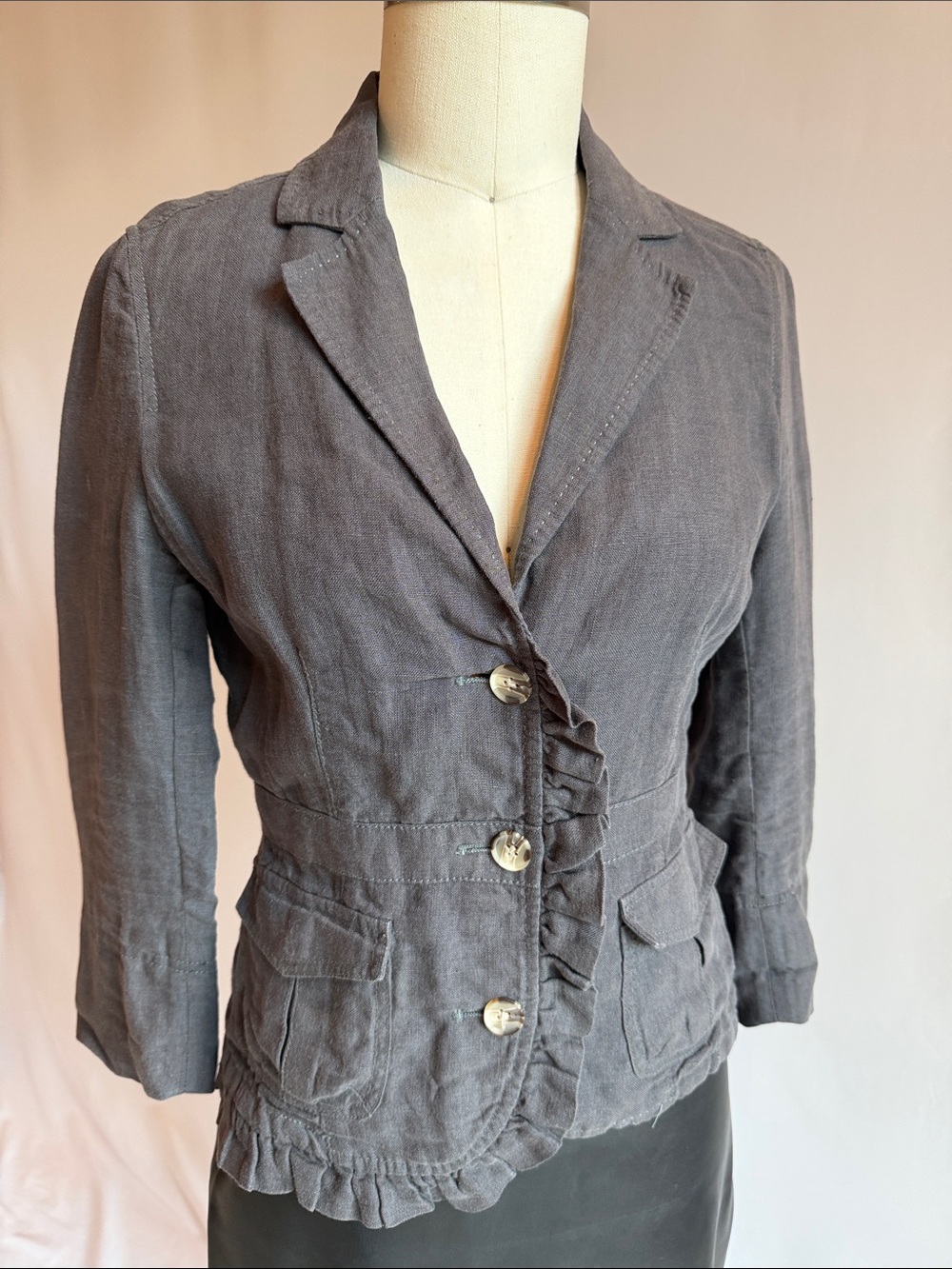 Anthropologie HeiHei Gray Ruffle-Trim 💯 Linen Blazer